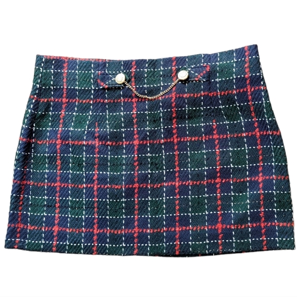 Zara Plaid Skirt XL Knit Woven Green Red Blue with Gold Chain Straight Short - Picture 1 of 5